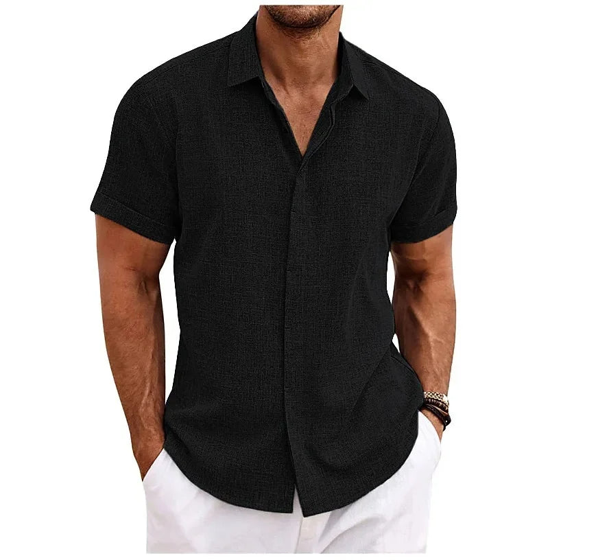 Men's casual short sleeve button-up shirt in a solid color, perfect for summer comfort and style.