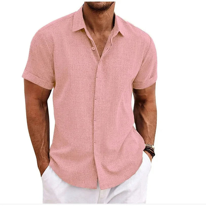 Modern men's casual button-up, short sleeves. A solid colored shirt for stylish summer outfits & everyday comfort.