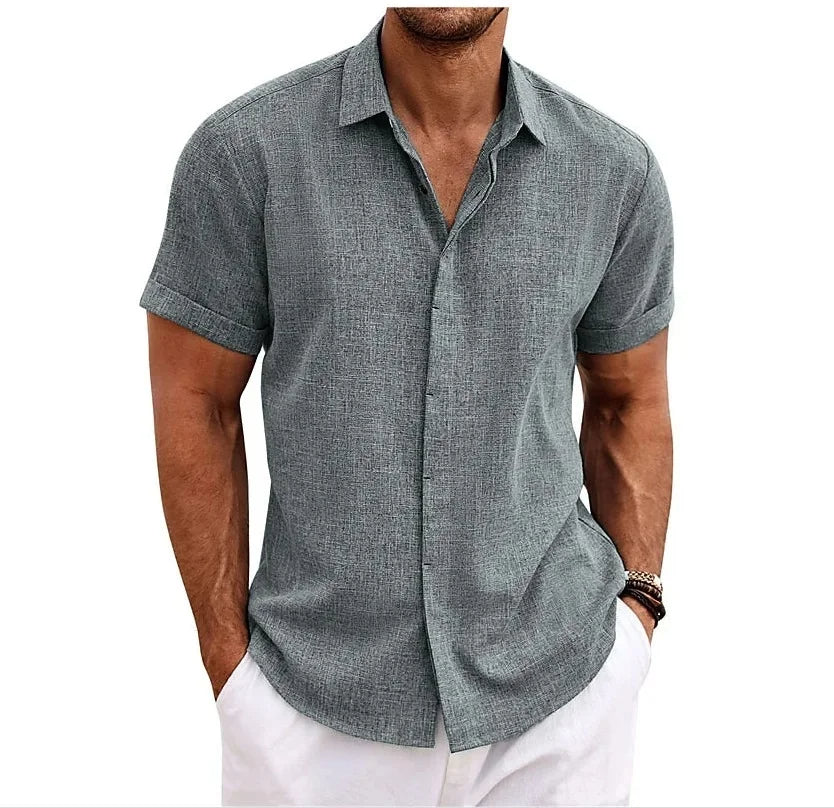 Men's everyday short sleeve button-up shirt. A comfortable, stylish, solid color top for casual summer fashion.