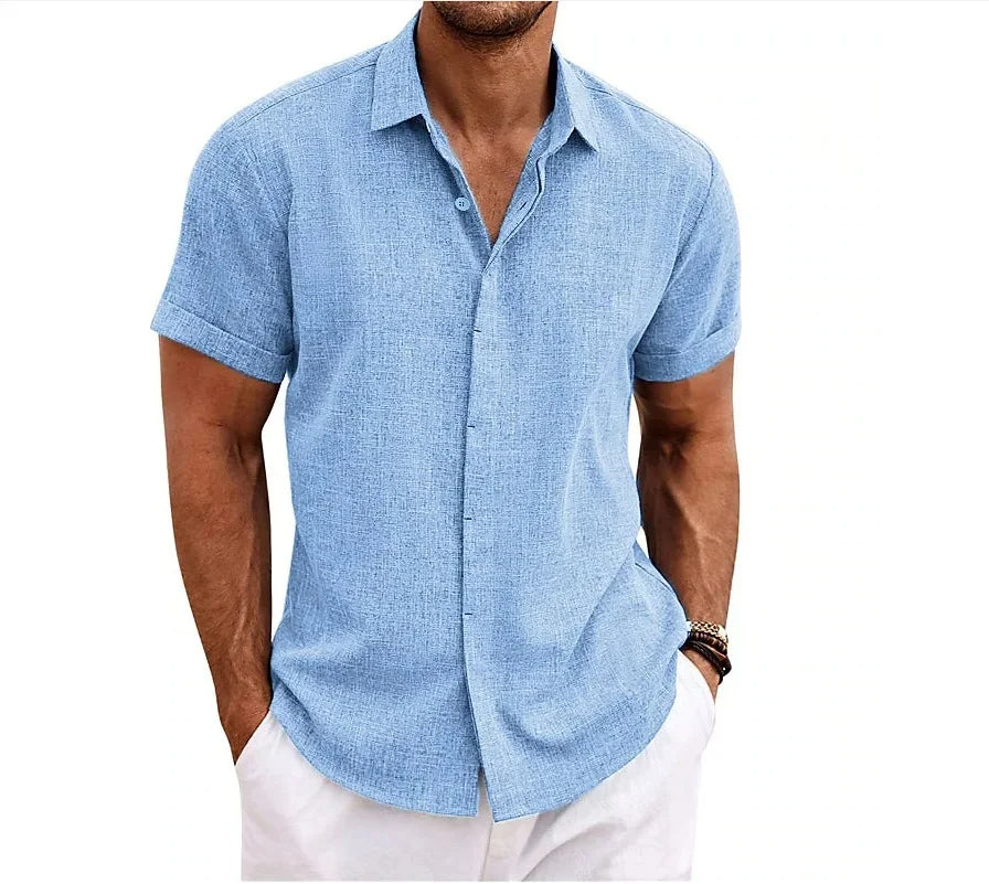 Classic men's casual short sleeve button-up shirt. Solid color design, great for a comfortable, stylish summer.