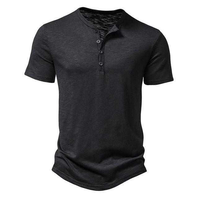 Men's casual short sleeve Henley T-shirt in a relaxed fit for effortless summer style.