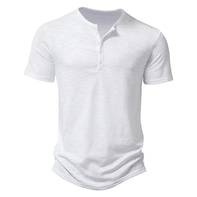 Versatile men's summer Henley shirt, ideal for casual outings, offering comfort & a relaxed fit.