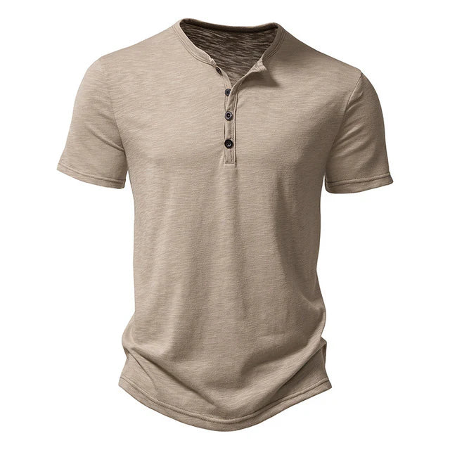 Soft men's short sleeve Henley tee, featuring a classic button placket & crew neck for summer comfort.