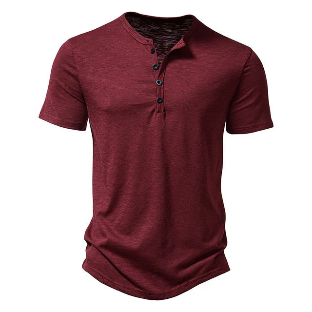 Men's relaxed fit short sleeve Henley T-shirt with a button placket, perfect for casual summer everyday wear.