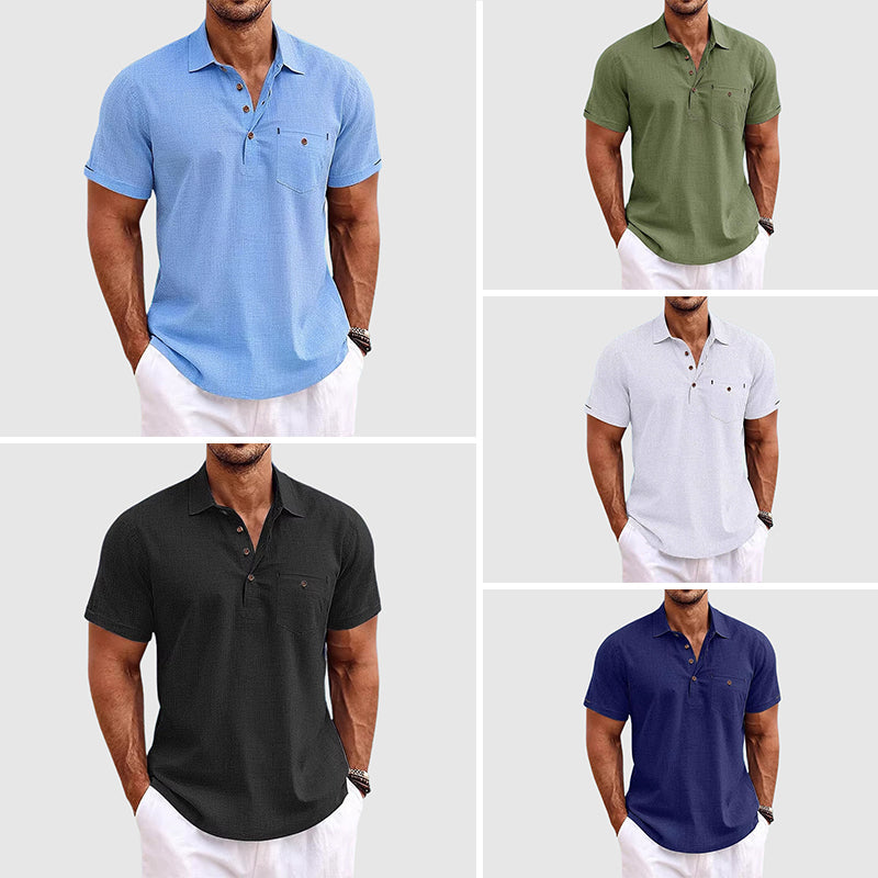 Man wearing a casual short-sleeve polo shirt, enjoying summer comfort. Everyday wear for men's fashion.