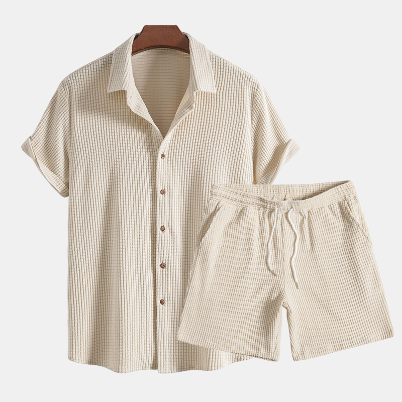Men's casual short sleeve shirt & drawstring shorts set. Relaxed fit summer outfit, perfect for warm weather.