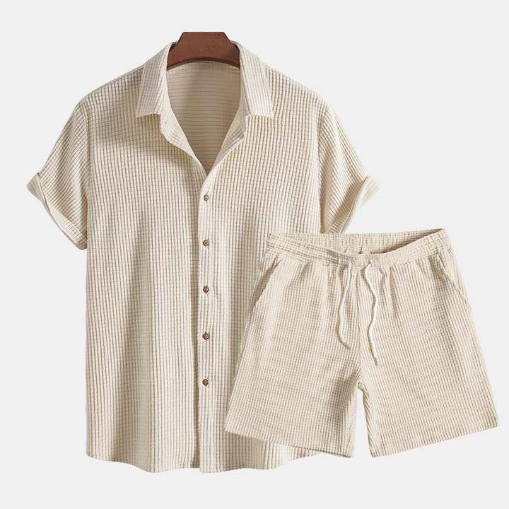 Men's casual short sleeve shirt & drawstring shorts set. Relaxed fit summer outfit, perfect for warm weather.