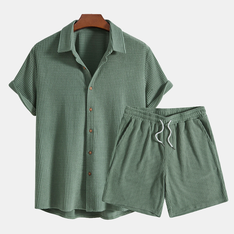 Men's summer two-piece shorts set, ideal beachwear or vacation. Coastal style short sleeve shirt & drawstring shorts.