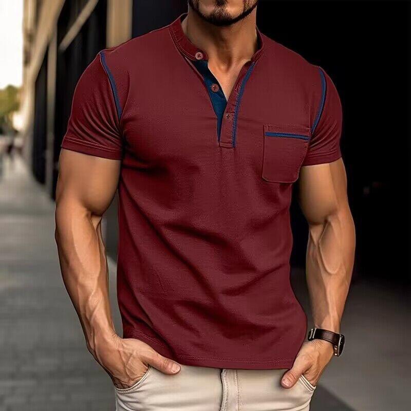 Navy blue men's slim-fit henley t-shirt, casual short sleeve design. Stylish & comfortable summer shirt for men.