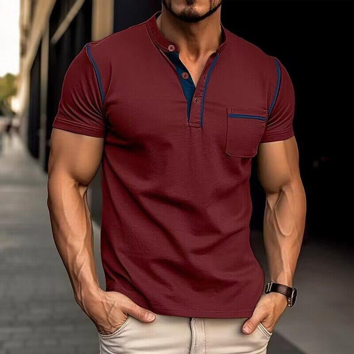 Navy blue men's slim-fit henley t-shirt, casual short sleeve design. Stylish & comfortable summer shirt for men.