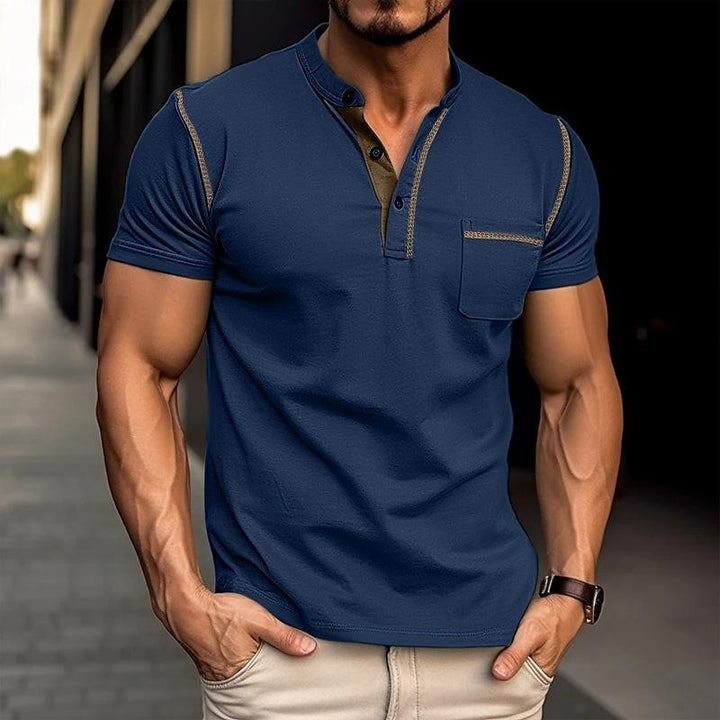 Modern men's short-sleeve henley shirt, slim-fit & casual. A versatile summer fashion staple for men's tops.