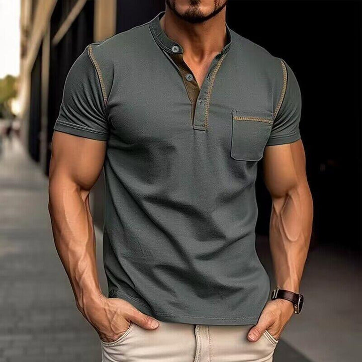 Men's slim-fit henley t-shirt featuring a stylish button placket. Casual, comfortable, perfect summer wear.