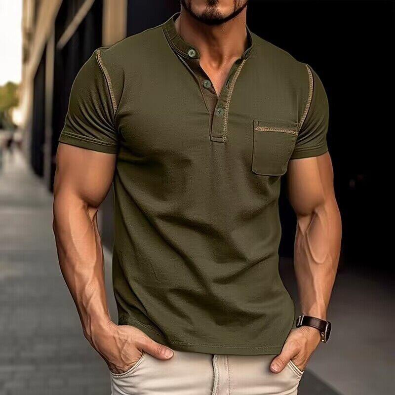 Light grey men's casual henley t-shirt, slim-fit short sleeve. Versatile summer top for men's everyday fashion.
