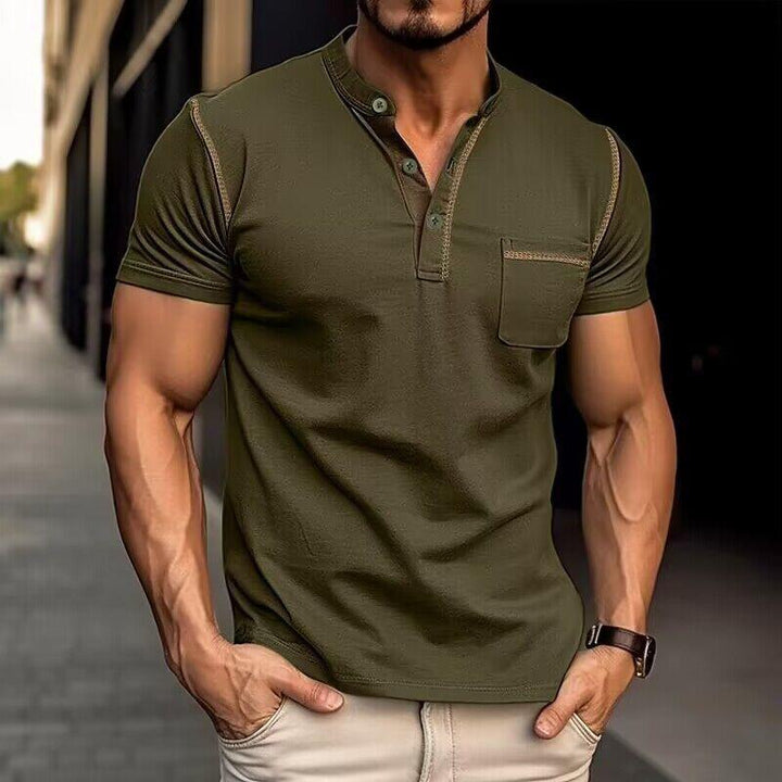 Light grey men's casual henley t-shirt, slim-fit short sleeve. Versatile summer top for men's everyday fashion.