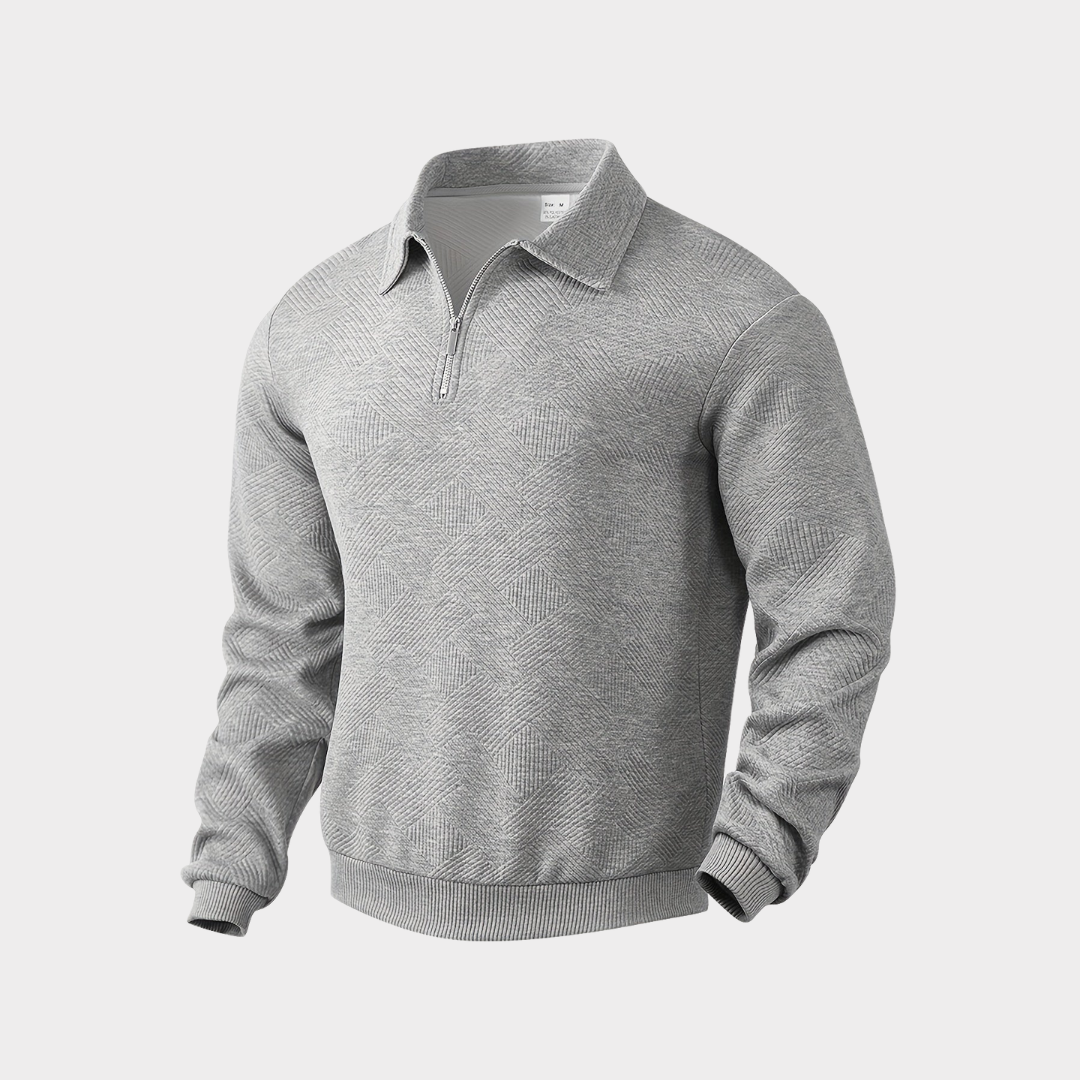 Black textured men's half-zip longsleeve pullover, versatile for various casual occasions
