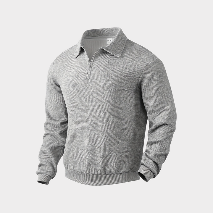 Black textured men's half-zip longsleeve pullover, versatile for various casual occasions