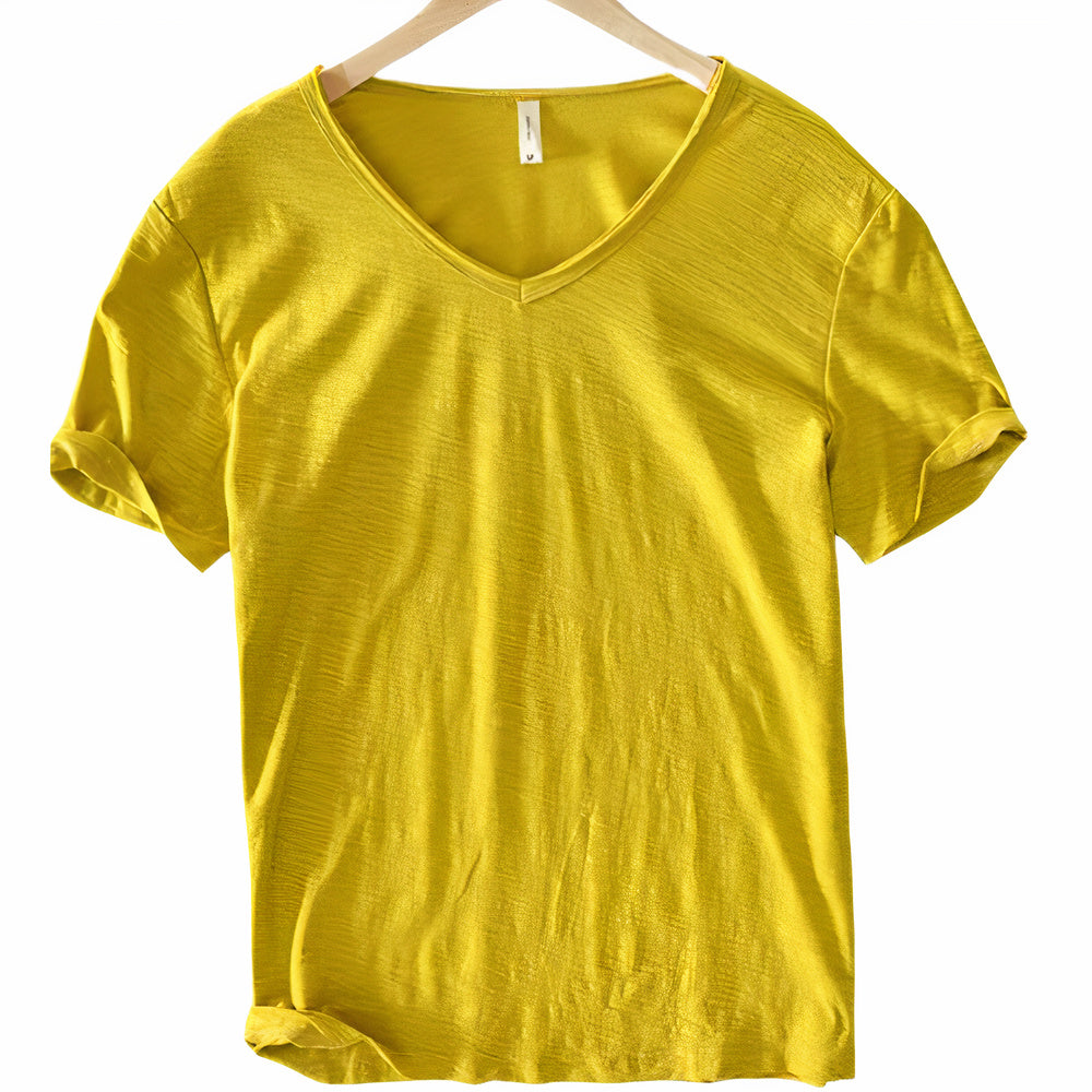 Relaxed fit men's short sleeve V-neck tee, ideal for summer comfort and casual fashion.