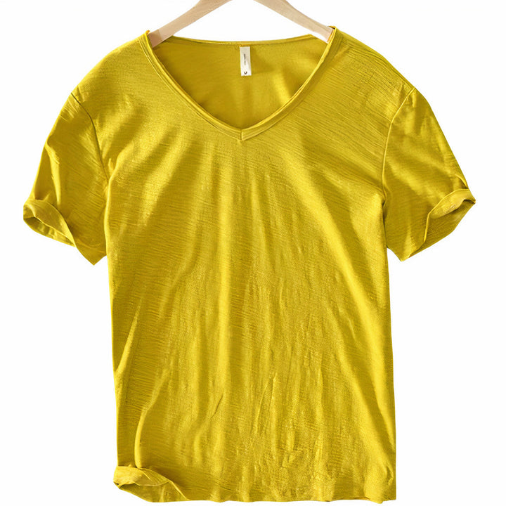 Relaxed fit men's short sleeve V-neck tee, ideal for summer comfort and casual fashion.