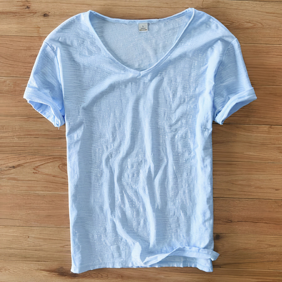 Soft men's V-neck summer tee, comfortable relaxed fit, essential casual wear.