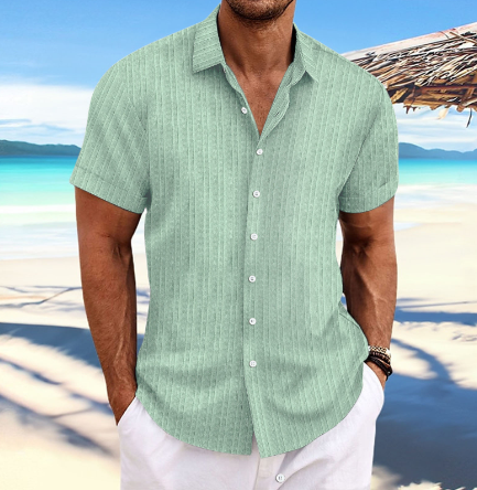 Men's light green casual short sleeve button down shirt for summer, offering relaxed style.