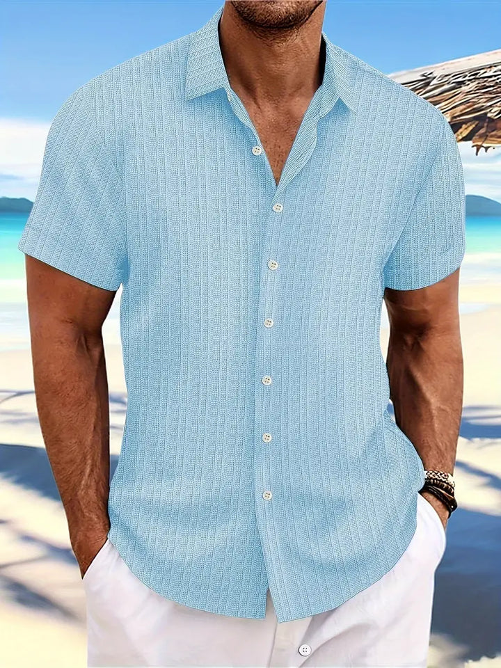 Men's black short-sleeve button-down shirt, a versatile casual top for everyday summer wear.
