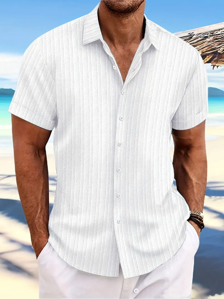 Light blue men's relaxed fit casual short sleeve button-down shirt, a summer essential.