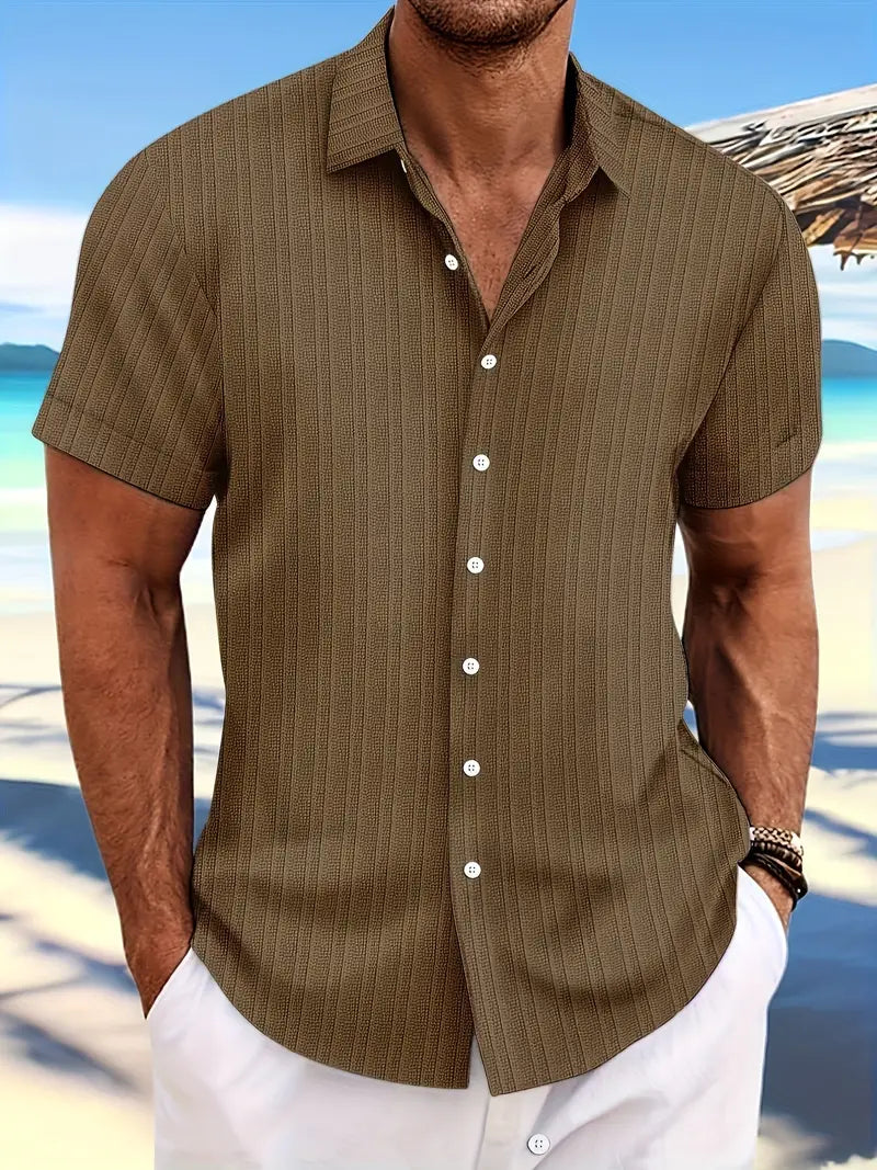 Khaki men's casual short-sleeve collared shirt, a comfortable warm weather button down option.