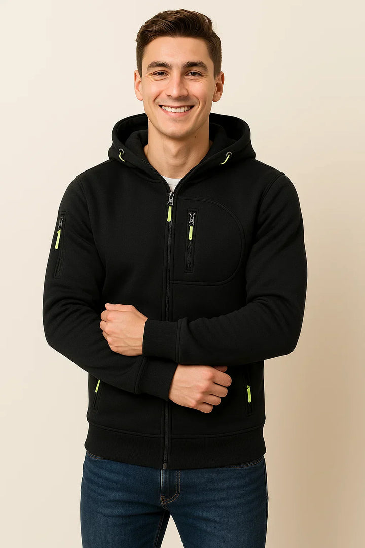 Close-up of a men's hooded sweatshirt, zip-front detail, focusing on soft fabric and drawstring for comfort.