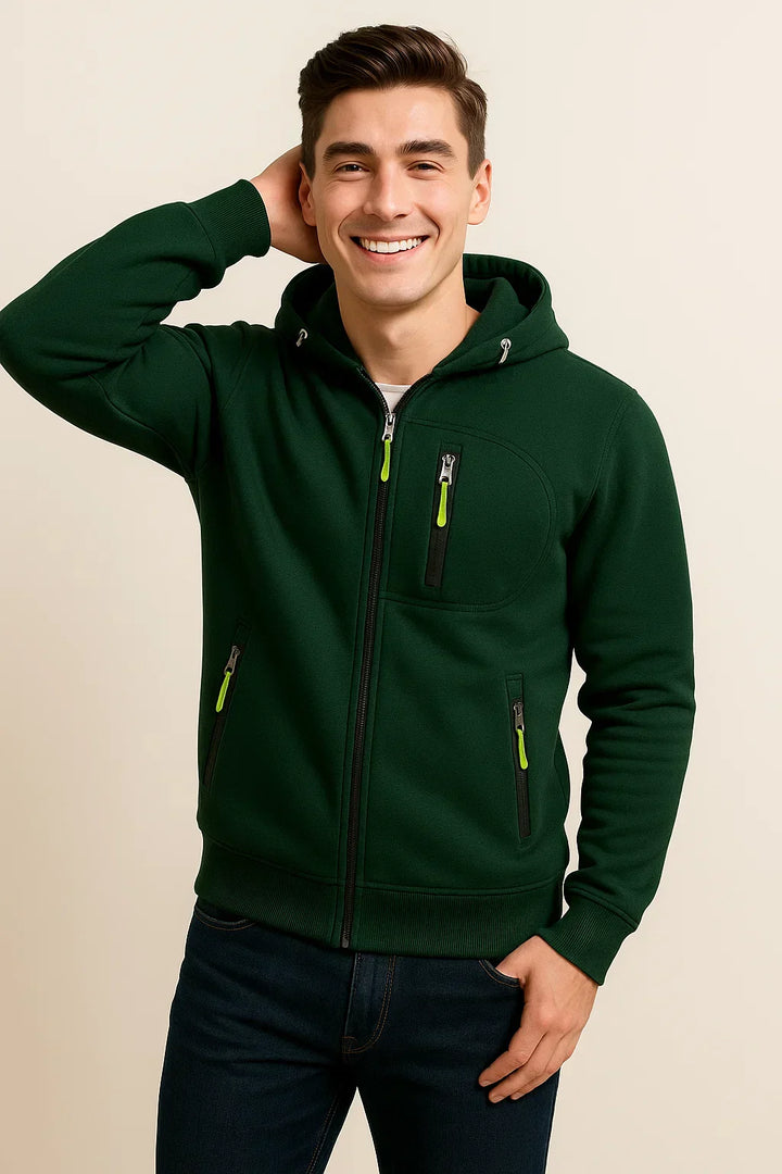 Men's fall fashion: a navy casual hoodie with zip front, ideal for everyday wear and layering.
