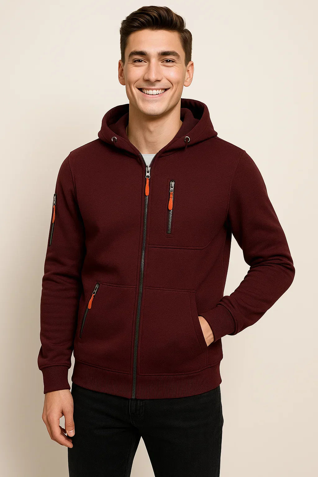 Front view of a versatile men's zip hoodie, open to reveal a t-shirt, perfect for athleisure looks.