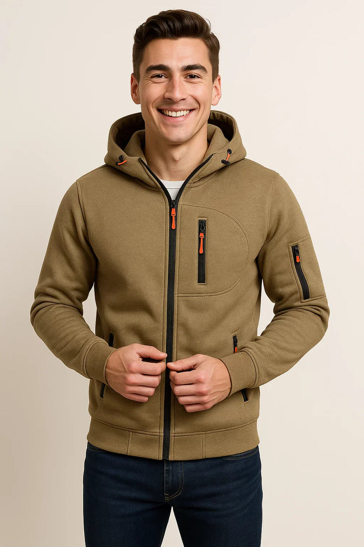 Folded men's casual zip-front hoodie, highlighting the quality material and easy care of this everyday garment.