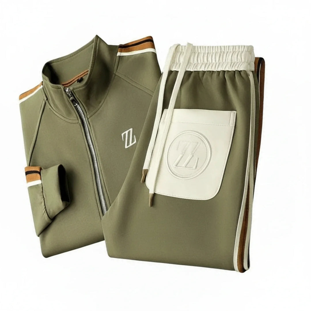 Comfortable men's full zip-up tracksuit set for casual wear, includes a sporty jacket and matching joggers.