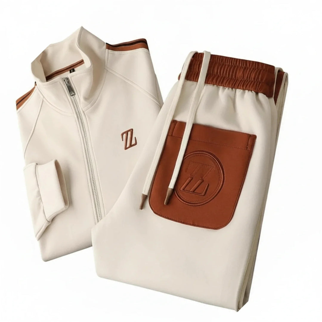 Complete men's zip-up tracksuit outfit, featuring a comfortable jacket and matching joggers for modern casual wear.