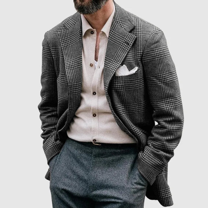 Stylish men's checkered blazer, perfect for business casual or formal events. Tailored fit for modern men's fashion.