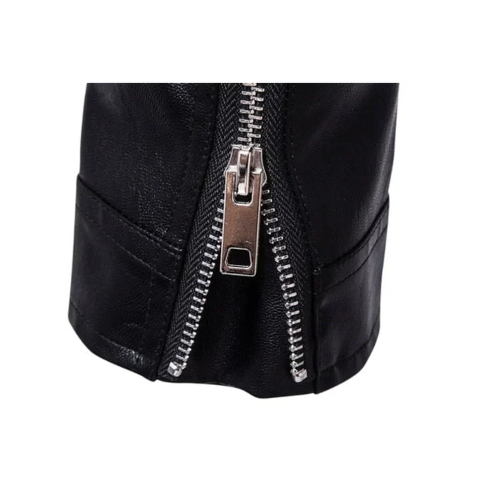 Black men's biker jacket, classic style outerwear, featuring an adjustable belt and practical zippered pockets.