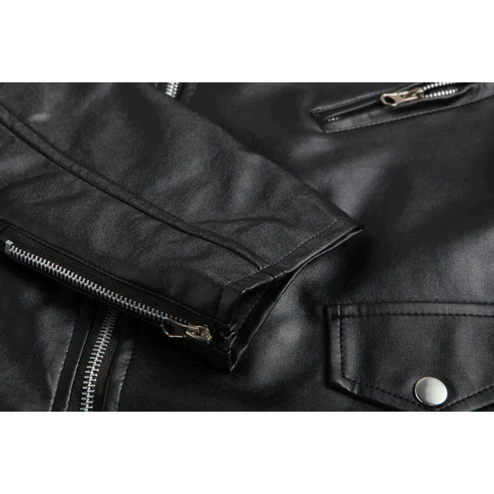 Versatile men's black biker jacket, perfect for casual wear, with a prominent belt and convenient zipper pockets.