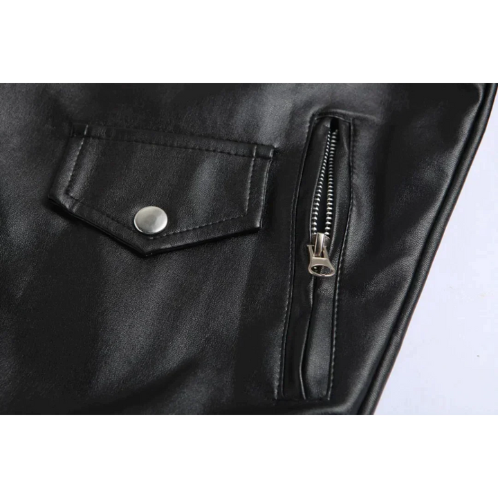 Durable men's black classic biker jacket, featuring a full zipper closure, a stylish belt, and secure storage pockets.