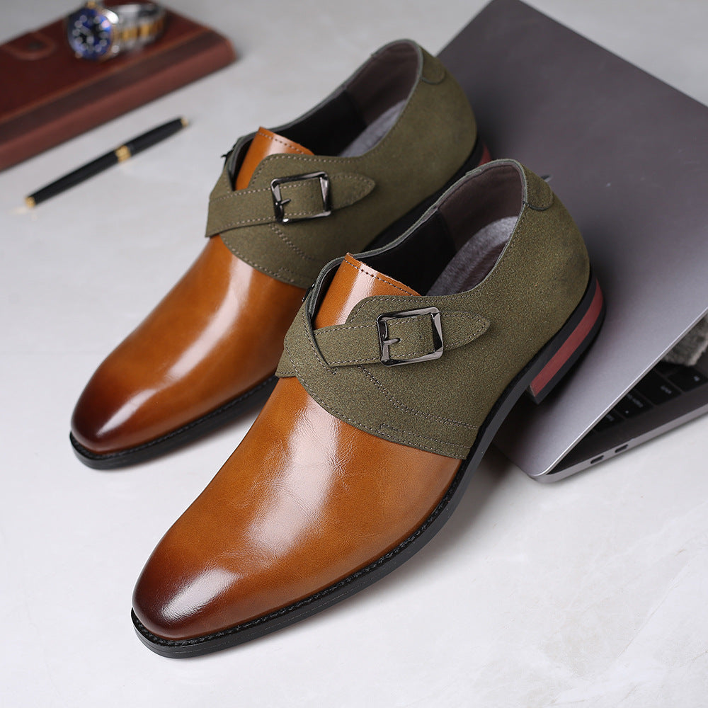Pair of elegant men's brown suede buckle loafers, ideal for formal wear.