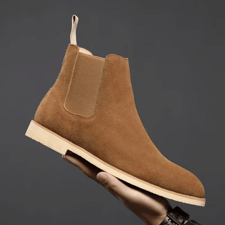 Stylish dark brown suede men's Chelsea boots, perfect for sophisticated dress wear or smart casual looks.