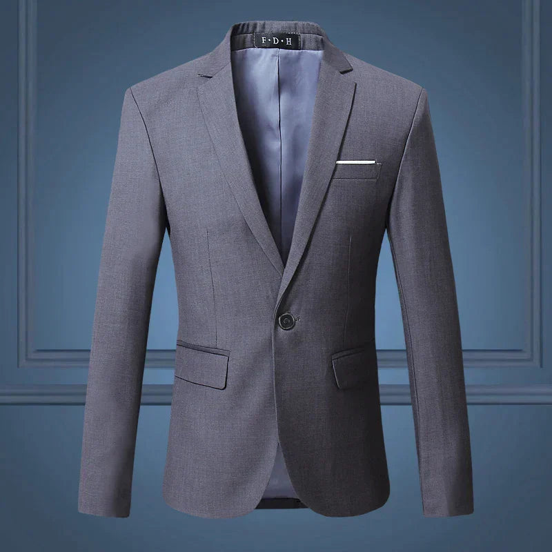 Men's classic black one-button tailored suit blazer with notch lapel, perfect for business attire.