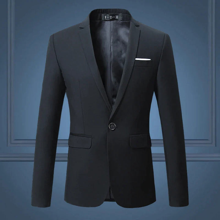 Lightweight men's classic suit jacket with a single button closure, featuring a sharp notch lapel.
