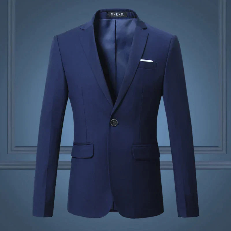 Versatile men's blazer, a one-button tailored fit, suitable for formal events and workplace.