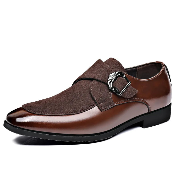 Stylish dark brown suede buckle loafers, a timeless men's shoe combining comfort with impeccable style.