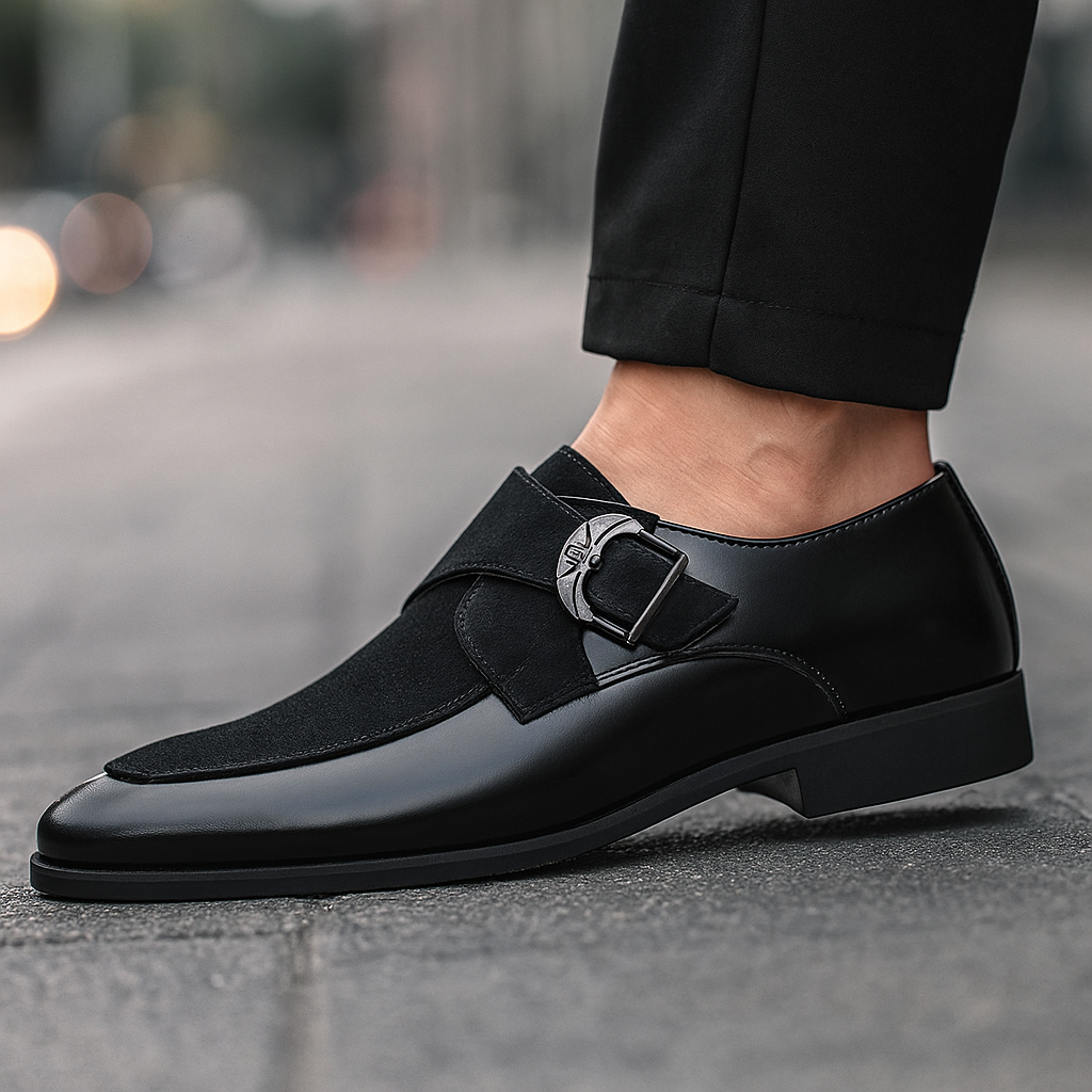 Elegant men's dark brown suede loafers with buckle detail, suitable for dressy occasions and everyday comfort.