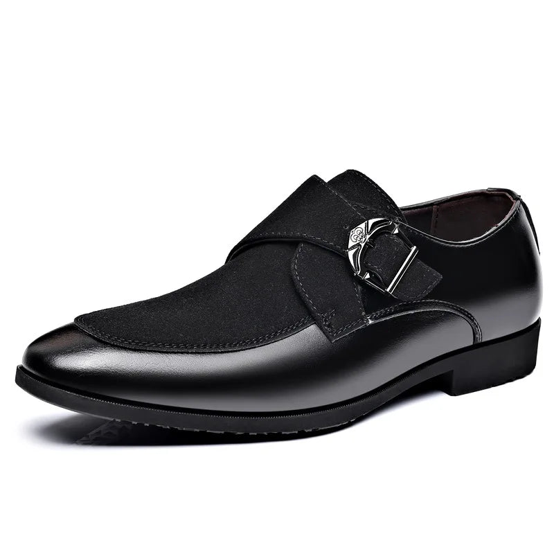 Comfortable men's black suede buckle dress shoes, designed for all-day wear with a touch of elegance.