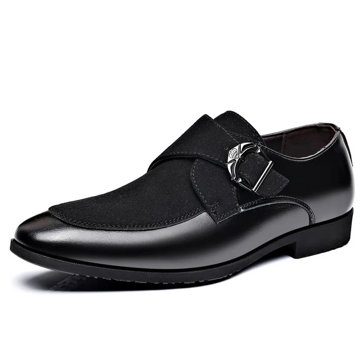 Comfortable men's black suede buckle dress shoes, designed for all-day wear with a touch of elegance.