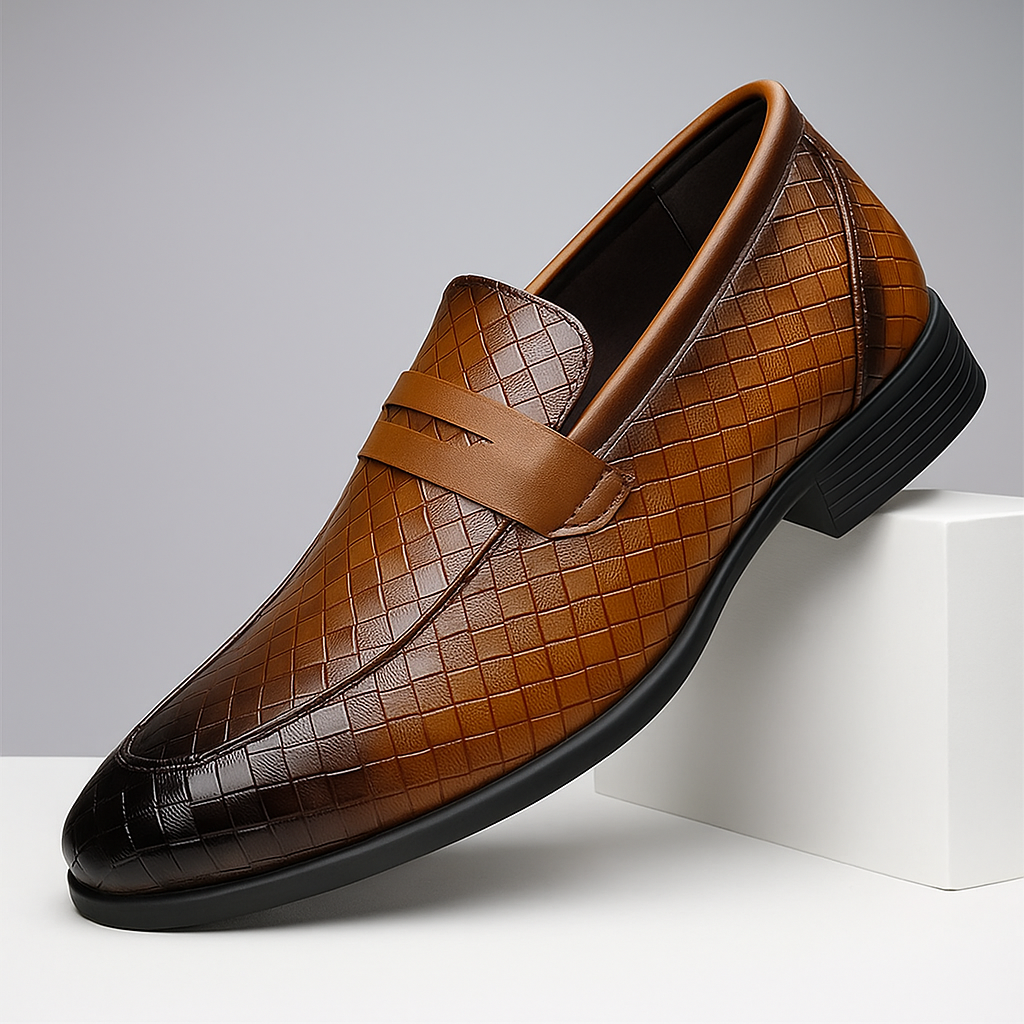 Men's classic black woven leather penny loafers, side view, comfortable style