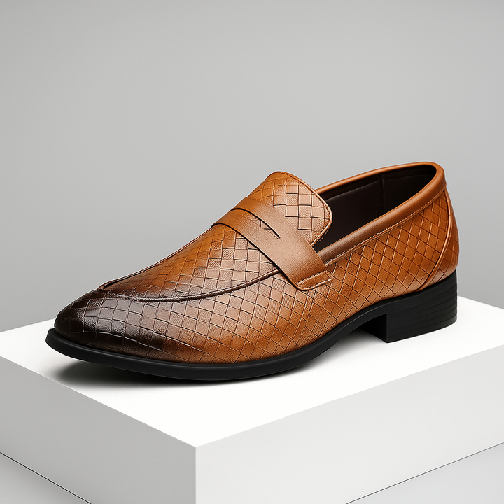 Side profile of men's dark brown woven leather penny loafers, ideal for dress or casual