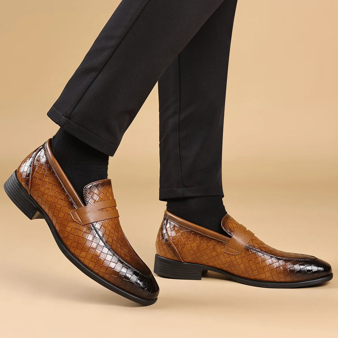 Collection of men's woven leather penny loafers in black and dark brown, formal shoes