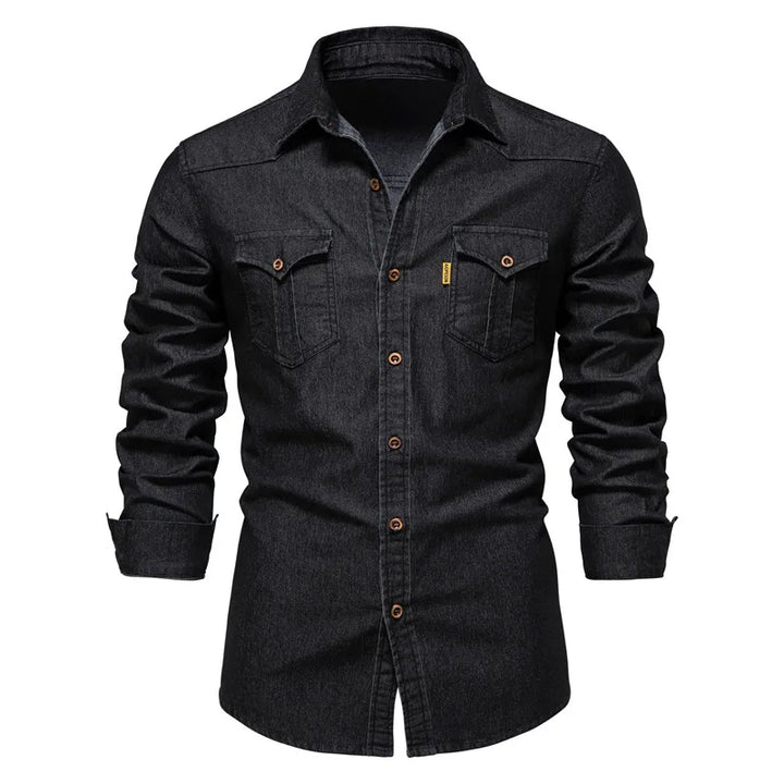 Classic men's denim button-up shirt in a rich blue wash, front view